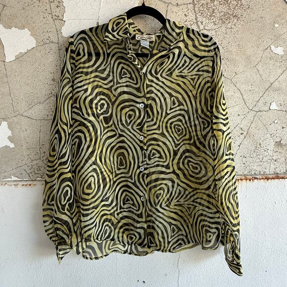 Vintage Pleated Crinkle Blouse 90s Carina Abstract Swirl Button Up Top Retro Art - Picture 1 of 5